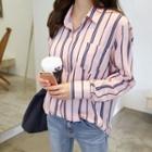 Stand-collar Long-sleeved Striped Blouse