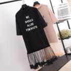 Mesh Hem Lettering Elbow Sleeve T-shirt Dress