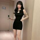 Long-sleeve Lace Trim Cold-shoulder Mini Dress