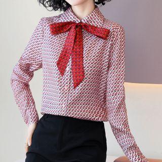 Long-sleeve Bow Accent Printed Shirt