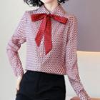 Long-sleeve Bow Accent Printed Shirt