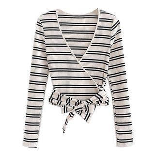 Long-sleeve Striped Tie-waist V-neck Top