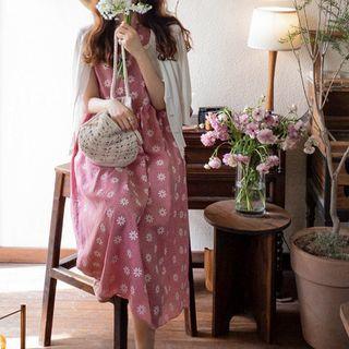 Sleeveless Floral Print Check Dress Red - One Size