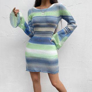 Flared-cuff Open Back Stripe Knit Dress