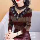 Long-sleeve Embellished Mesh Panel Lace Top