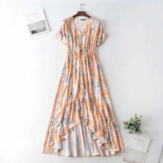 Floral Button Drawstring-waist Midi A-line Dress