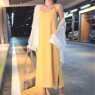Spaghetti Strap Midi A-line Dress / Tie-front Jacket