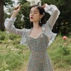 Set: Spaghetti Strap Floral Print Midi A-line Dress + Ruffled Cropped Jacket