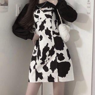 Cropped Sweatshirt / Spaghetti Strap Cow Print A-line Dress