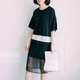 Color Panel Mesh Hem Elbow Sleeve T-shirt Dress