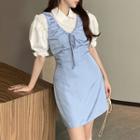 Puff-sleeve Plain Blouse / Bow Detail Mini Overall Dress