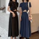 Set: Twisted Short Sleeve Cropped Top + Pleated A-line Skirt