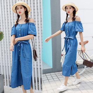 Off-shoulder Spaghetti Strap Short-sleeve Denim Dress