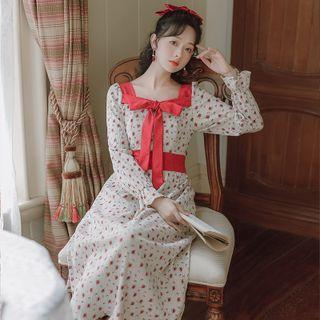 Long-sleeve Bow Floral Print Corduroy Midi A-line Dress