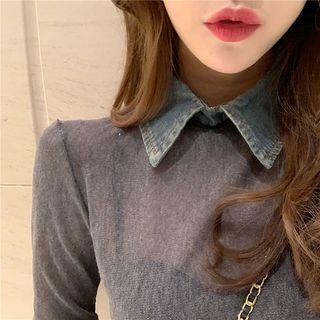 Patchwork Denim-trim Sheer Top