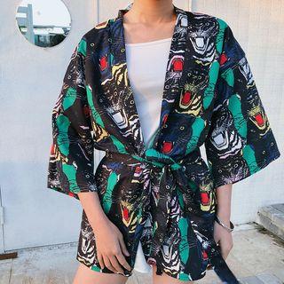 Tiger Print Tie Waist Jacket As Shown In Figure - One Size