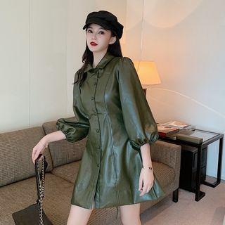 Faux Leather Puff-sleeve Mini Shirtdress