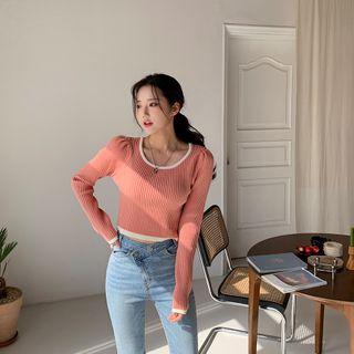 Contrast-trim Rib-knit Cropped Top