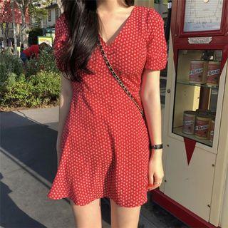 V-neck Floral Mini Dress Red - One Size