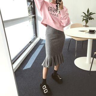 Ruffle-hem Midi Knit Skirt