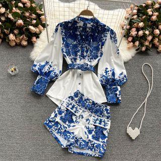 Set Of 2 : Porcelain Print Shirt + Print Wide-leg Shorts