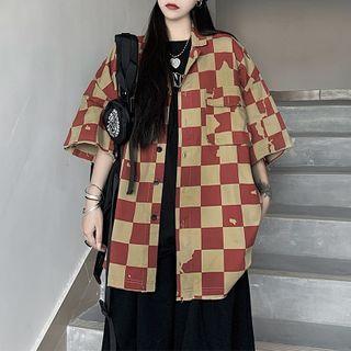 Elbow-sleeve Irregular Checkered Shirt