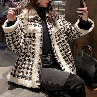 Faux Shearling Houndstooth Zip Jacket