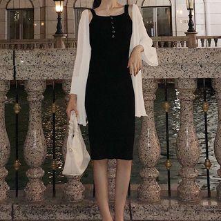 Spaghetti Strap Knit Sheath Dress Black - One Size