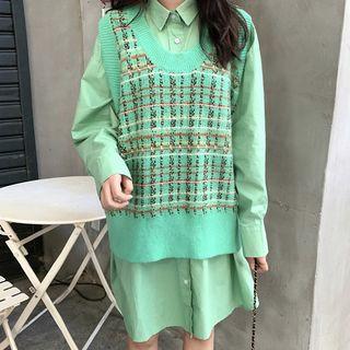 Long-sleeve Mini Shirtdress / Plaid Knit Vest / Plaid Cape