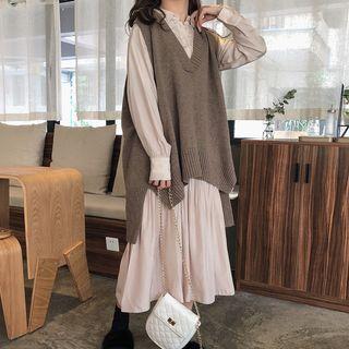 Long-sleeve Midi Dress / Oversized Knit Vest