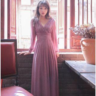 Glitter V-neck Lantern-sleeve Maxi A-line Dress