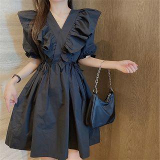 Puff Sleeve V-neck Ruffled A-line Dress