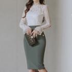 Long-sleeve Lace Top / Button Detail Pencil Skirt