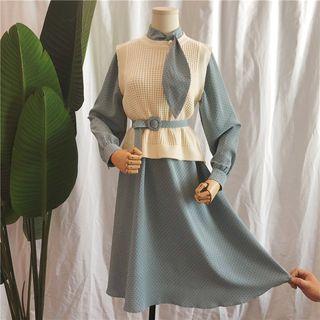 Set: Tie Neck Dotted Long-sleeve A-line Dress + Knit Vest