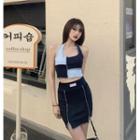 Set: Halter-neck Two Tone Crop Top + Mini Skirt