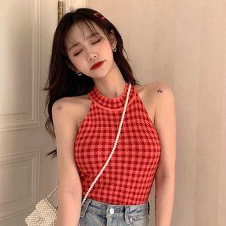 Plaid Halter Top As Shown In Figure - One Size