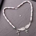 Wings Cross Pendant Rhinestone Faux Pearl Alloy Necklace Pink & White & Silver - One Size