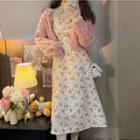 Long-sleeve Turtleneck Top / Floral Print Midi A-line Dress / Cropped Cardigan