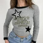 Long-sleeve Crew-neck Star Print Crop Top
