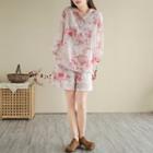 Set: Long-sleeve Floral Print Hooded Top + Shorts