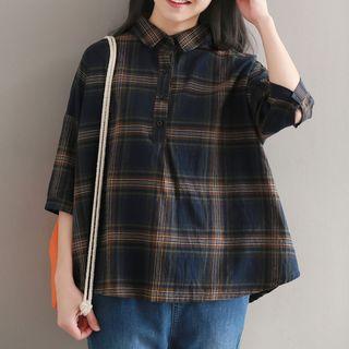 3/4-sleeve Oversized Plaid Shirt