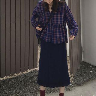 Plaid Shirt / Frill-trim Midi Skirt
