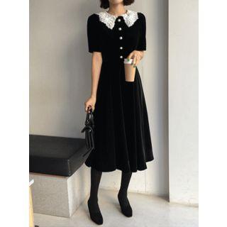 Crochet-collar Velvet Long Dress Black - One Size