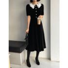 Crochet-collar Velvet Long Dress Black - One Size