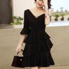 Cold Shoulder Elbow-sleeve Tiered A-line Dress