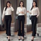 Set: Mesh Panel Long-sleeve Blouse + Boot-cut Pants