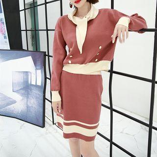 Set: Tie Neck Sweater + Color Block Pencil Skirt Red - One Size