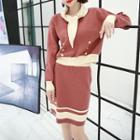 Set: Tie Neck Sweater + Color Block Pencil Skirt Red - One Size