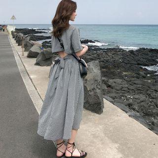 Plaid Cut Out Back Short Sleeve Midi Dress