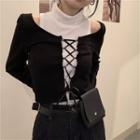 Set: Turtleneck Tank Top + Long-sleeve Lace-up Cropped T-shirt Tank Top - Black - One Size / T-shirt - White - One Size